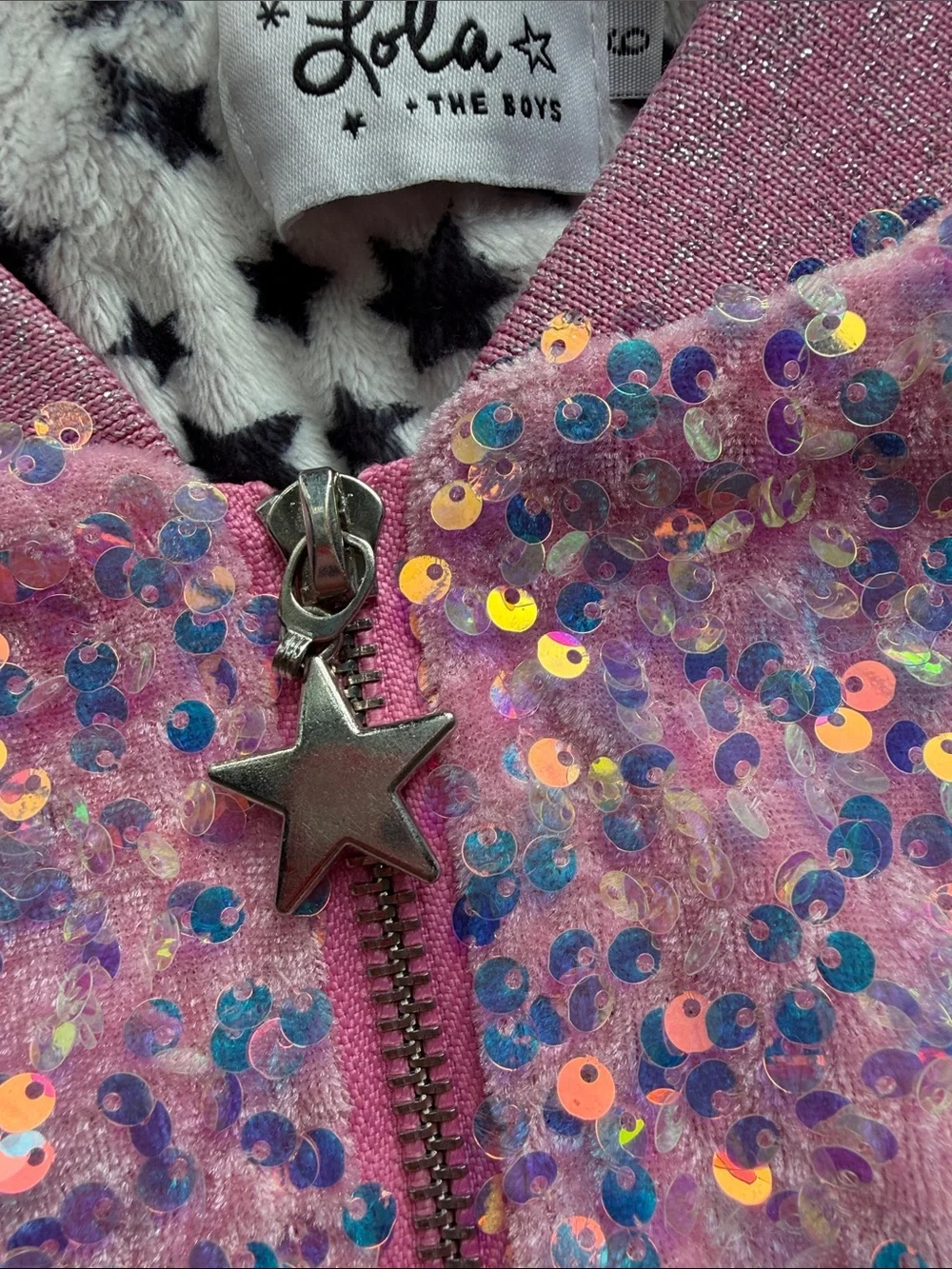 Lola + The Boys Pink Sequin Star Zip Jacket